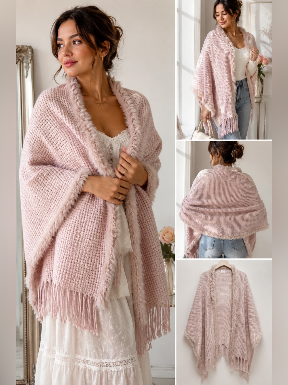 Vintage Blush Pink Wool Blend Rabbit Fur Trim Wrap Shawl Fringe Scarf 70” X 26”